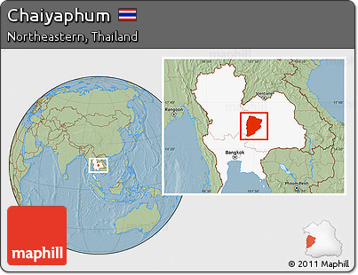 Savanna Style Location Map of Chaiyaphum, highlighted country, hill shading