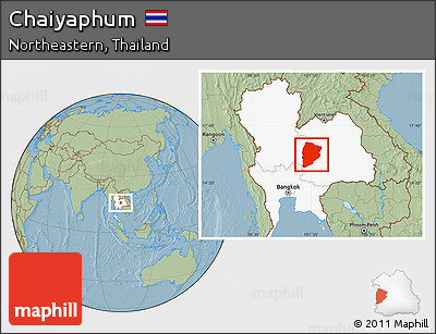 Savanna Style Location Map of Chaiyaphum, highlighted country, hill shading