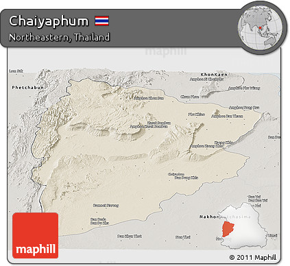 Shaded Relief Panoramic Map of Chaiyaphum, semi-desaturated