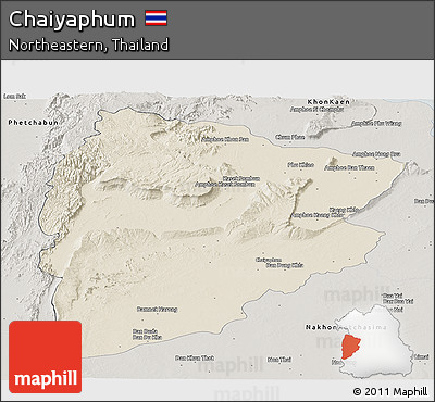 Shaded Relief Panoramic Map of Chaiyaphum, semi-desaturated