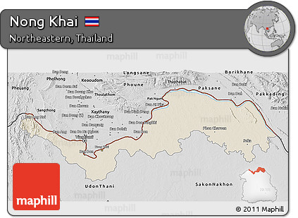 Shaded Relief 3D Map of Nong Khai, desaturated