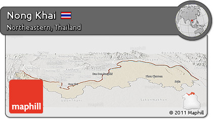Shaded Relief Panoramic Map of Nong Khai, lighten, semi-desaturated