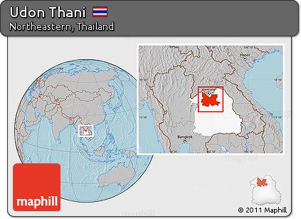 Gray Location Map of Udon Thani, highlighted parent region, hill shading