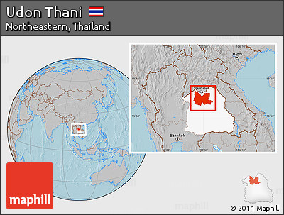 Gray Location Map of Udon Thani, highlighted parent region, hill shading