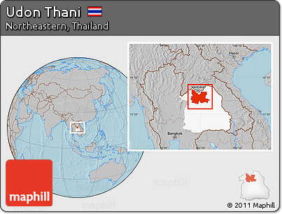 Gray Location Map of Udon Thani, highlighted parent region, hill shading
