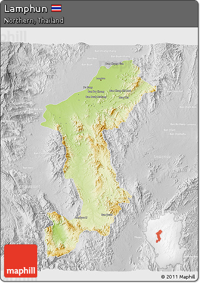 Physical 3D Map of Lamphun, lighten, desaturated