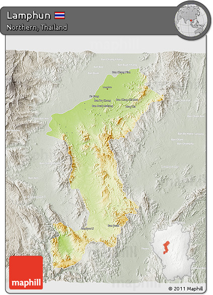 Physical 3D Map of Lamphun, lighten, semi-desaturated