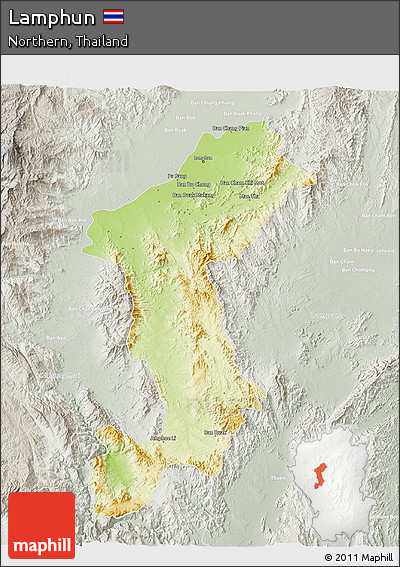 Physical 3D Map of Lamphun, lighten, semi-desaturated