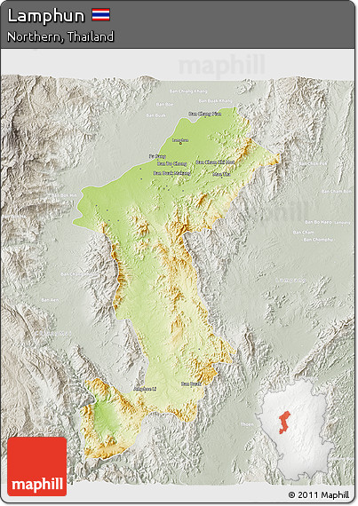 Physical 3D Map of Lamphun, lighten, semi-desaturated