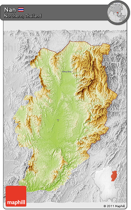 Physical 3D Map of Nan, lighten, desaturated