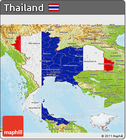 Flag Panoramic Map of Thailand, physical outside, bathymetry sea, flag aligned to the middle