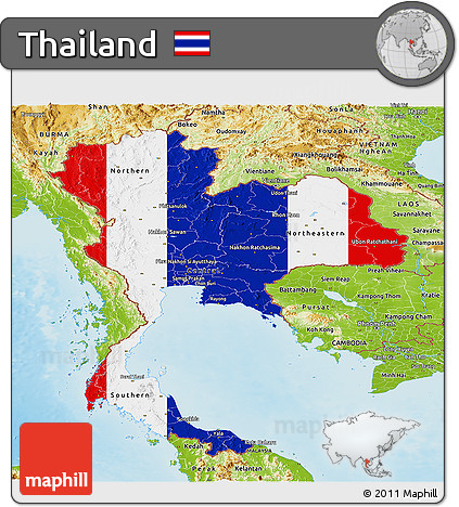 Flag Panoramic Map of Thailand, physical outside, flag rotated