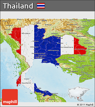 Flag Panoramic Map of Thailand, physical outside, flag rotated