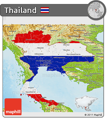 Flag Panoramic Map of Thailand, physical outside