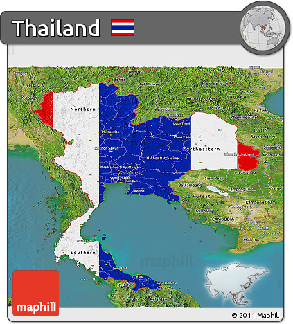 Flag Panoramic Map of Thailand, satellite outside, flag aligned to the middle