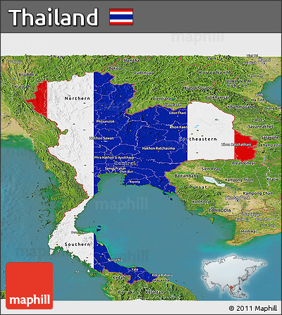 Flag Panoramic Map of Thailand, satellite outside, flag aligned to the middle