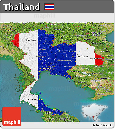Flag Panoramic Map of Thailand, satellite outside, flag aligned to the middle