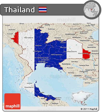 Flag Panoramic Map of Thailand, shaded relief outside, bathymetry sea, flag aligned to the middle