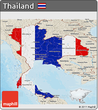 Flag Panoramic Map of Thailand, shaded relief outside, bathymetry sea, flag rotated