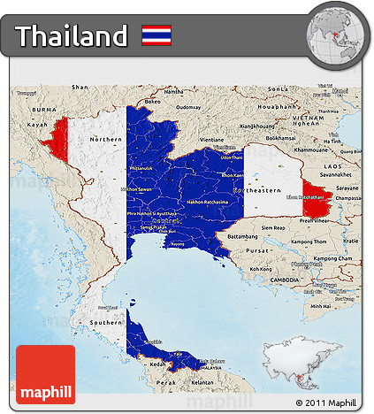 Flag Panoramic Map of Thailand, shaded relief outside, flag aligned to the middle