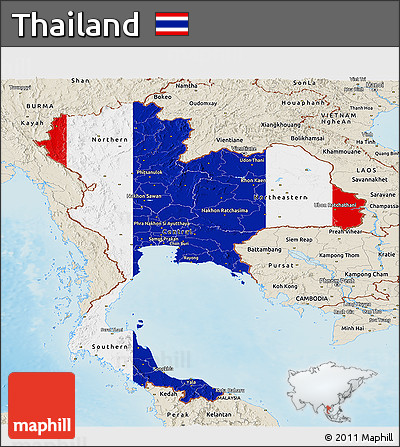 Flag Panoramic Map of Thailand, shaded relief outside, flag aligned to the middle