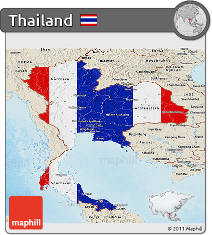 Flag Panoramic Map of Thailand, shaded relief outside, flag rotated