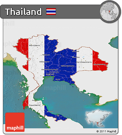 Flag Panoramic Map of Thailand, single color outside, satellite sea, flag rotated