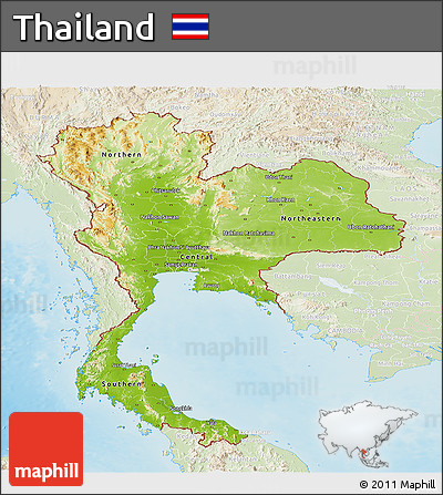 Physical Panoramic Map of Thailand, lighten, land only