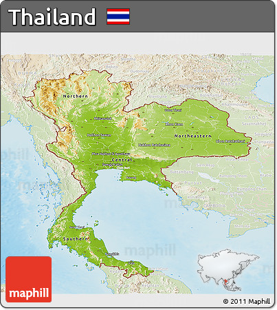 Physical Panoramic Map of Thailand, lighten, land only