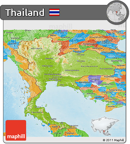 Physical Panoramic Map of Thailand, political outside, shaded relief sea