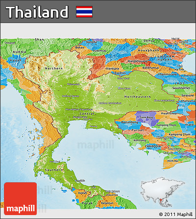 Physical Panoramic Map of Thailand, political outside, shaded relief sea