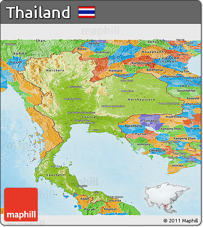 Physical Panoramic Map of Thailand, political outside, shaded relief sea