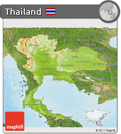 Physical Panoramic Map of Thailand, satellite outside, shaded relief sea