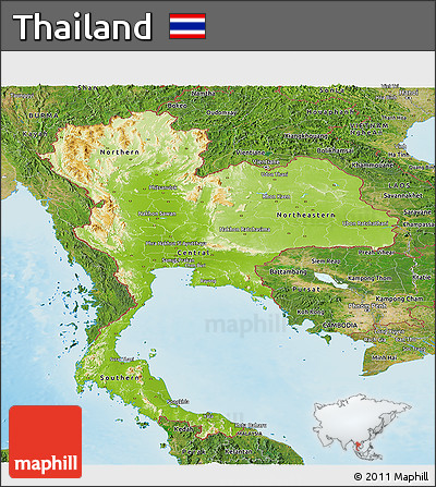 Physical Panoramic Map of Thailand, satellite outside, shaded relief sea