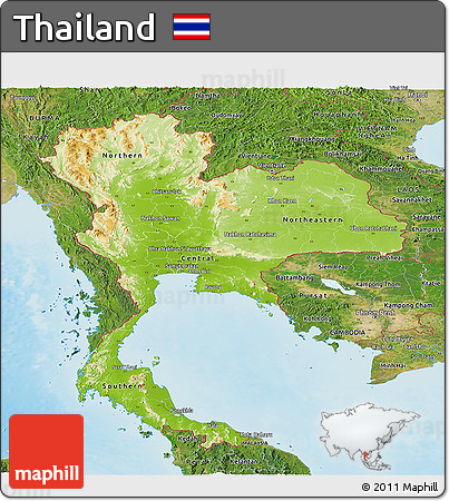 Physical Panoramic Map of Thailand, satellite outside, shaded relief sea