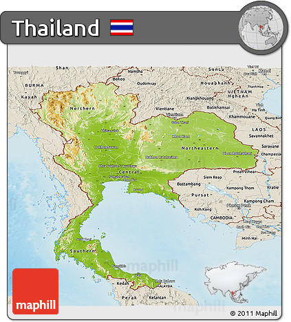 Physical Panoramic Map of Thailand, shaded relief outside