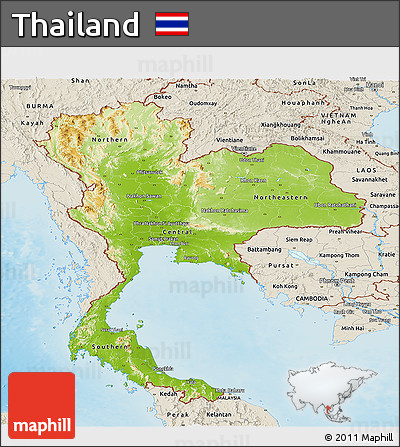 Physical Panoramic Map of Thailand, shaded relief outside