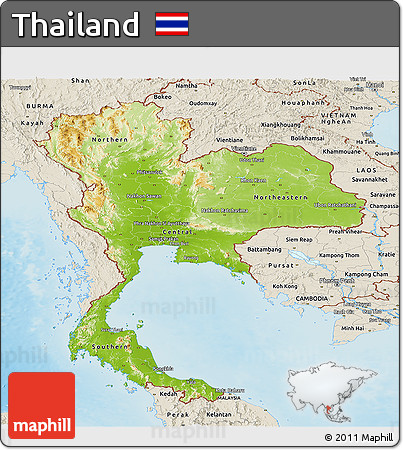 Physical Panoramic Map of Thailand, shaded relief outside