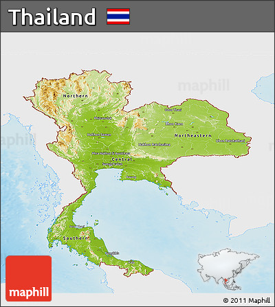 Physical Panoramic Map of Thailand, single color outside