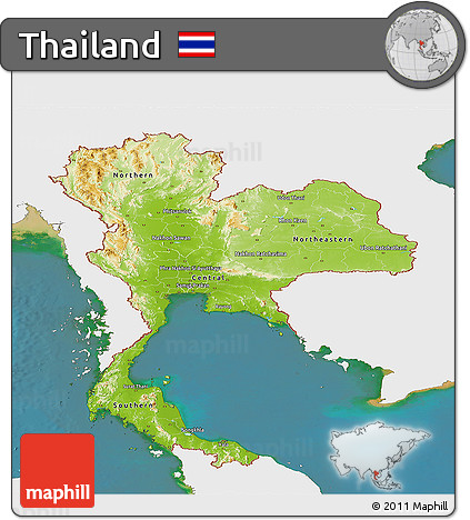 Physical Panoramic Map of Thailand, single color outside, satellite sea