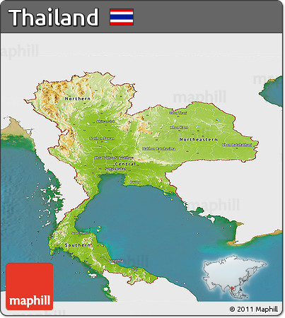 Physical Panoramic Map of Thailand, single color outside, satellite sea