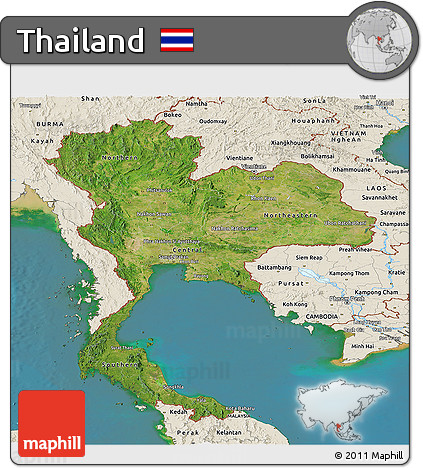 Satellite Panoramic Map of Thailand, shaded relief outside, satellite sea
