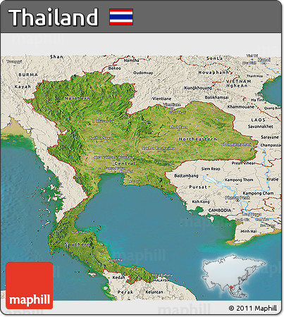 Satellite Panoramic Map of Thailand, shaded relief outside, satellite sea