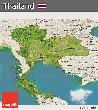 Satellite Panoramic Map of Thailand, shaded relief outside, satellite sea