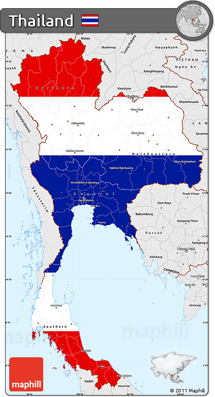 Flag Simple Map of Thailand, single color outside, borders and labels