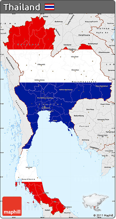 Flag Simple Map of Thailand, single color outside, borders and labels