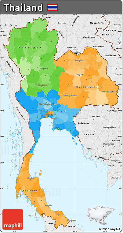 Political Simple Map of Thailand, single color outside, borders and labels