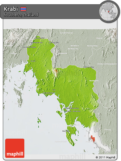 Physical 3D Map of Krabi, lighten, semi-desaturated