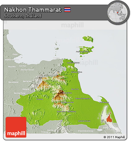 Physical Panoramic Map of Nakhon Thammarat, lighten, semi-desaturated