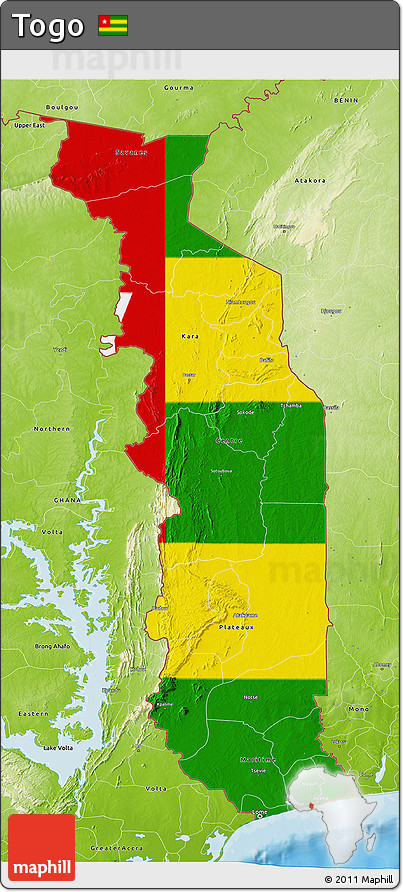 Flag 3D Map of Togo, physical outside, bathymetry sea